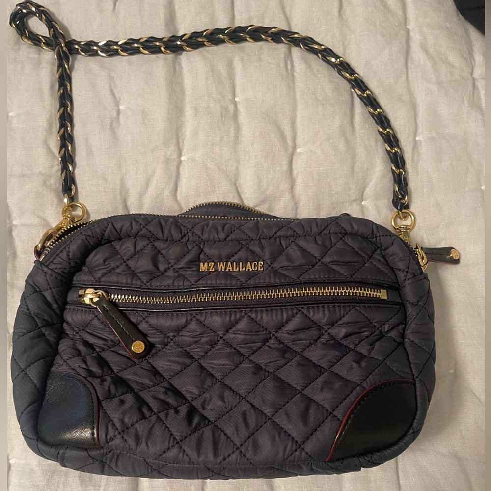 MZ Wallace Quilted Navy Crossbody Bag with Gold Accents